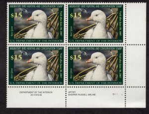 RW73 - Federal Duck Stamp. Plate Numbered Block Of 4. MNH. OG.   #02 RW73PB4BR