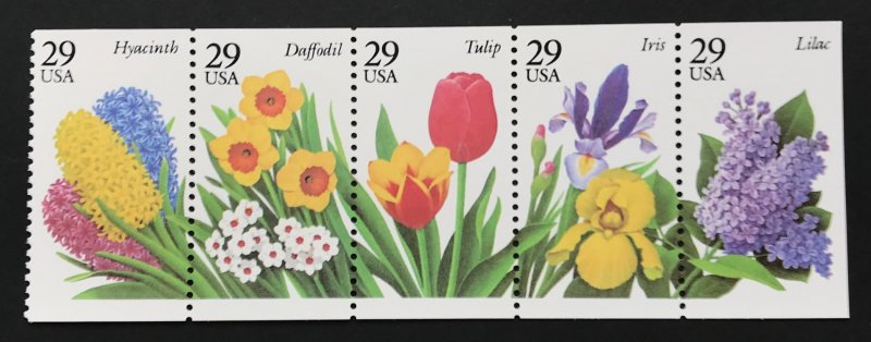 USA #2764a MNH strip of 5, garden flowers, issued 1993