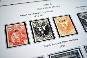 COLOR PRINTED ITALIAN LIBYA 1912-1942 STAMP ALBUM PAGES (24 illustrated pages)