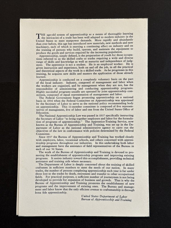 1962 Apprenticeship Program 4 cent Stamp First Day Ceremony Program Sc# 1201