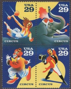 1993 Circus Block of 4 29c Postage Stamps, Sc# 2750-2753, MNH, OG