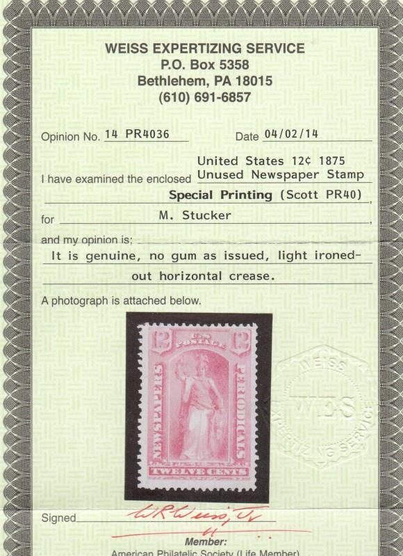 USA #PR40 **With Certificate**