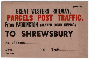 (I.B) Great Western Railway : Parcel Post Label (Shrewsbury) 