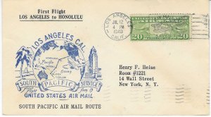 1940 Los Angeles California First Flight Air Mail Cover to Honolulu Hawaii