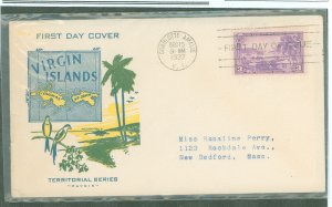 US 802 1937 3c Virgin Islands (part of the US Territory Series) single on an addressed (stencil) FDC with a Pavoir cachet