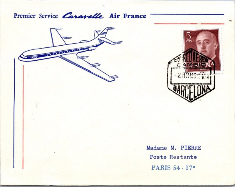 Spain 1960 FFC - Caravelle Air France - Barcelona To Paris - J7594