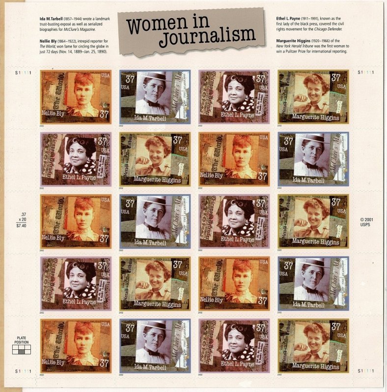 USA #3668a Women in Journalism sheet MNH