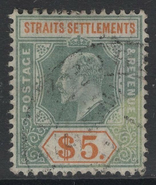 MALAYA STRAITS SETTLEMENTS SG138a 1908 $5 DULL GREEN & BROWN-ORANGE CHALKY USED