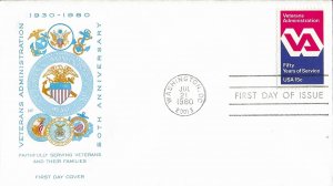 1980 FDC, #1825, 15c Veteran's Administration, 2 diff. cachets