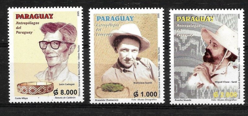 PARAGUAY 2005 ANTHROPOLOGIST AND ETHNOLOLOGIST PERSONALITIES SET OF 3 VALUES MNH