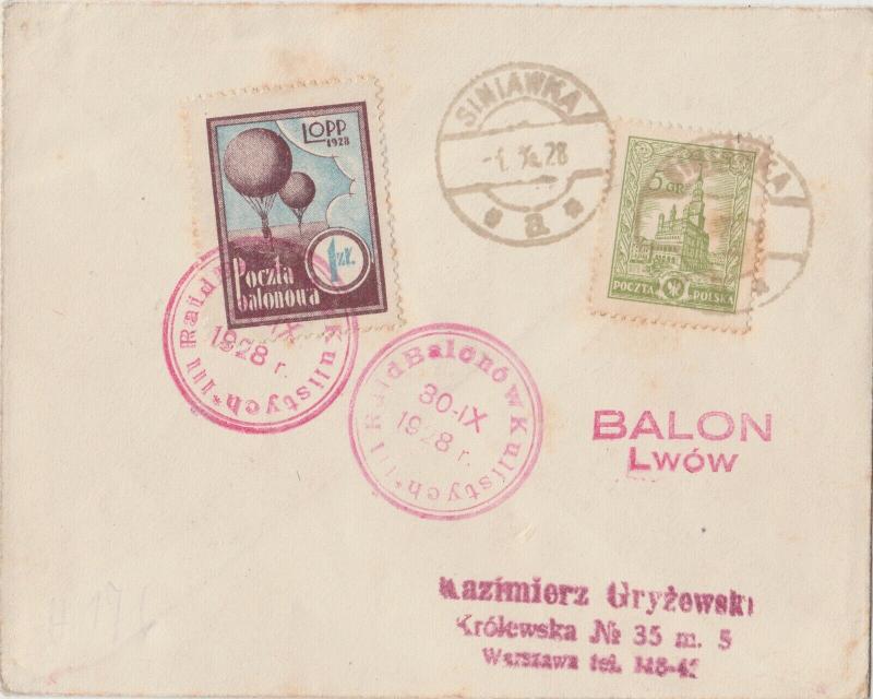 POLOGNE / POLAND 1928 (Sep 30) Scarce Ballon LWOW Flight Cover with LOPP label