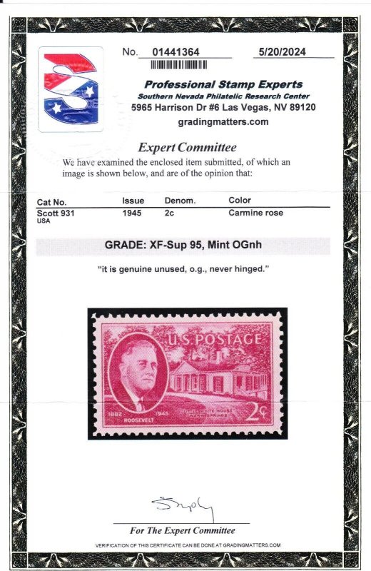 MOstamps - US #931 Mint OG NH Grade 95 with PSE Cert - Lot # MO-5176 SMQ $28
