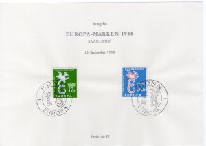 GERMANY SAAR 1958 SCOTT 317-318 EUROPE ISSUE VERY FINE USED COMMEMORATIVE SHEET