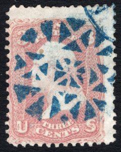 Scott 65, RARE Blue NY Geometric Fancy Cancel, No Hidden Faults!