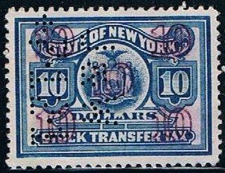 USA $10 New York Stock Transfer Stamp, used, perfin, VF