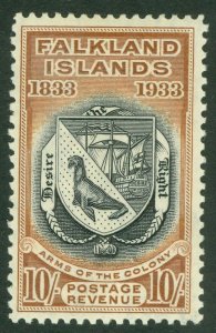 SG 137 Falklands 1933. 10/- black & chestnut. Very lightly mounted mint CAT £900