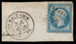 FRANCE SG52 1855 20c PALE BLUE/GREEN USED ON PIECE