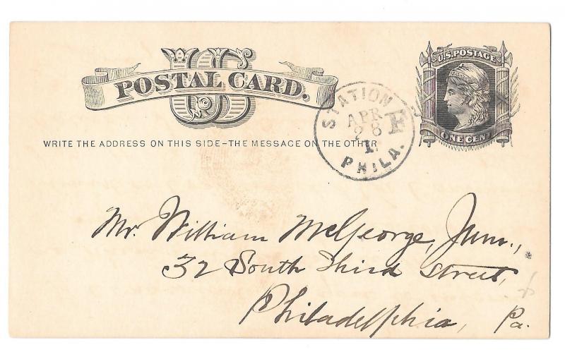 PA Station F Phila 1876 Fancy Cancel UX5 Card N C Burnham New Jerusalem Church