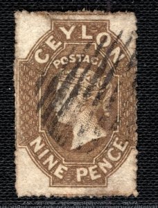 CEYLON QV Stamp SG.33b 9d Olive-Sepia (1861-64) ROUGH PERF Used Cat £85 RBLUE83