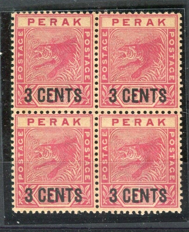 MALAYA PERAK; 1890s classic Tiger issue surcharged 3 CENTS Mint BLOCK