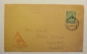 GREAT BRITAIN  OAS US TRALAN 8 DETAILS PO CENSORED 1916 TO MALTA 1/2 D