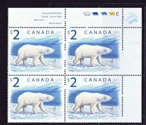 Canada Stamps — $2.00 Wildlife: Polar Bear Plate Block C — Sc #1690 — MNH UR