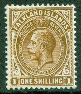 Falkland Islands KGV 1912 1s 1/- Light Bistre Brown SG65 Mint MLH