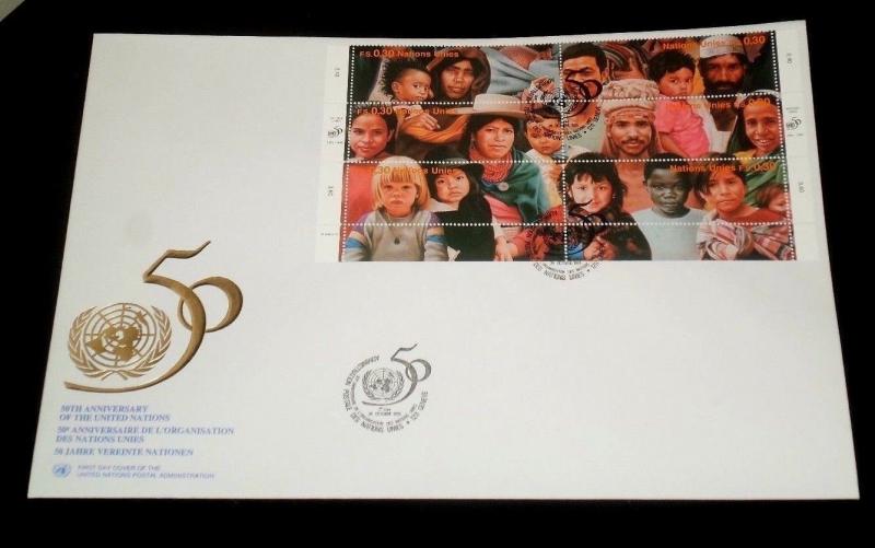 U.N. 1995, GENEVA #275 PEOPLE OF U.N SHEETS/6 OVER SIZED COVER, FDC NICE! LQQK!