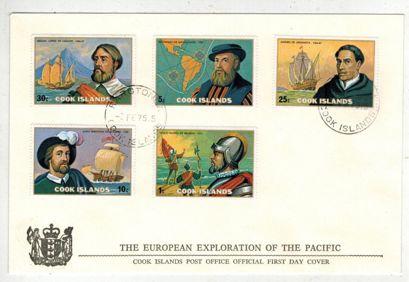 COOK ISLANDS FDC 1975 SET OF 5 STAMPS EUROPEAN EXPLORATION OF THE PACIFIC Nice!