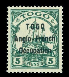 German Colonies - TOGO 1914 ANGLO - FRENCH OCCUP. Yacht 5pf green Sc# 36 mint MH