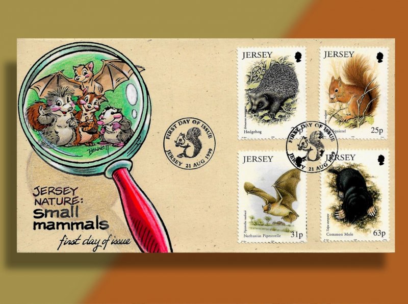 Hedgehog, Squirrel, Bat & Mole on Handcolored Jersey FDC from 1999