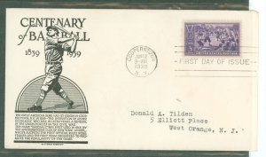 US 855 1939 3c Baseball Centennial (single) on an addressed first day cover with an Anderson cachet.