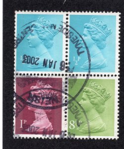 Great Britain 1970-95 1/2p, 1p & 8 1/2p block of 4, Scott MH22, MH23, MH65 used