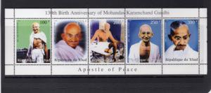 CHAD 1999 GANDHI APOSTLE OF PEACE Strip (5) Perforated MNH