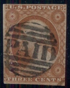 US #10var 3¢ orange brown on PART INDIA PAPER, Scott listed var, used PF cert