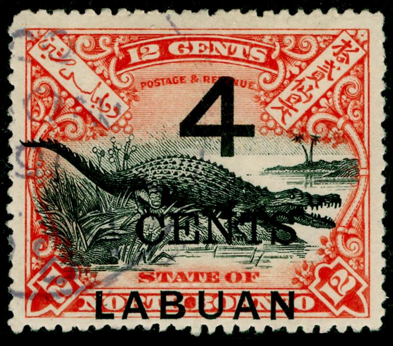 LABUAN SG105, 4c on 12c black & vermilion, FINE USED. Cat £35. P.15 