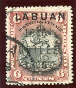 Labuan 1896 QV 6c black & brown-lake very fine used. SG 87. Sc 70.