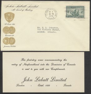 1949 #282 Newfoundland FDC John Labatt Cachet With Insert St John's