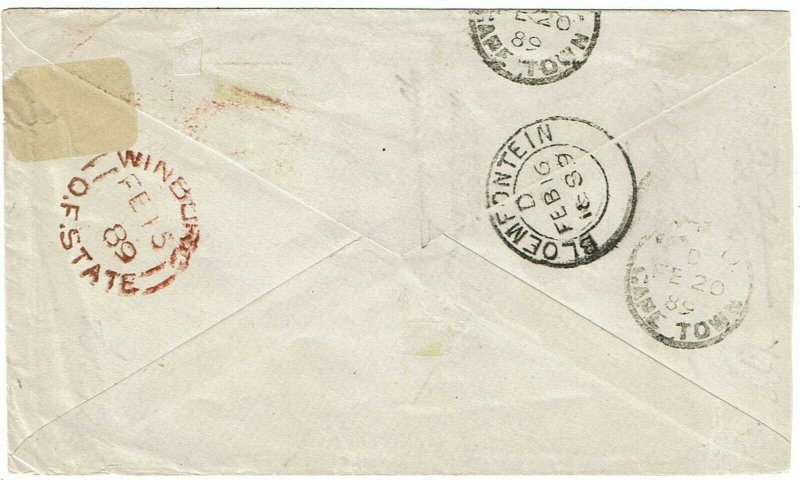 Orange Free State 1889 Winburg numeral 2 in red on cover to the Cape Colony