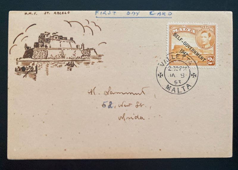 1953 Valletta Malta First day Postcard Cover HMS St Ancelo