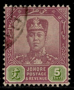 MALAYSIA - Johore GV SG109, 5c dull purple & sage green, FINE USED.