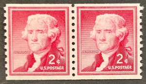 USA, SC#1055b, 1968, 2c Thomas Jefferson, Coil, Unused, Pair, OG, HR, F