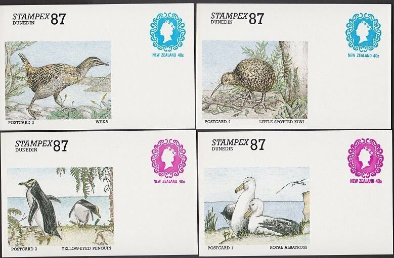 NEW ZEALAND 1987 Stampex set of 4 birds 40c postcards printed to private order.