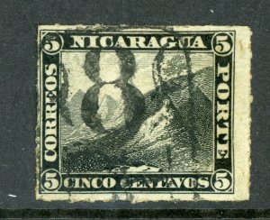 Nicaragua 1877 5¢ Black Momotombo Roulette w/Chinandega Cancel L327