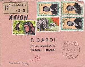 French Colonies Regd LAMBARENE 1969 Air Mail  Animals+ Man Stamps Cover Rf 44660