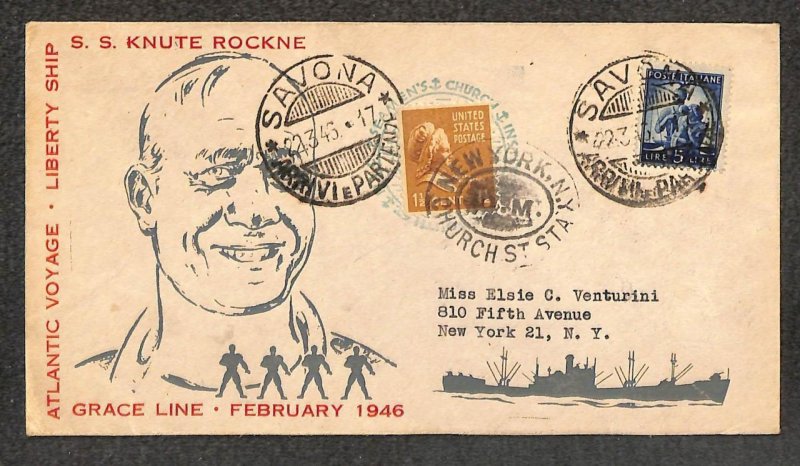 USA  805 PREXY STAMP SAVONA ITALY TO NEW YORK S.S. KNUTE ROCKNE SHIP COVER 1946