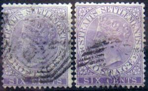 STRAITS SETTLEMENTS 1867 6c Queen Victoria Used 2Stamps Scott 12 CV$35