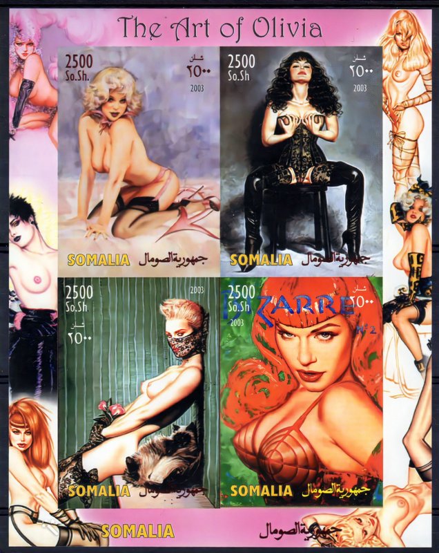 Somalia 2003 THE ART OF OLIVIA Pop-Art-Nudes-CAT Sheetlet (4) IMPERFORATED MNH