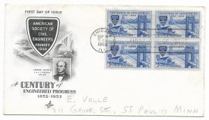 US 1012 (Me-3) 3c Civil Engineers blk 4 on FDC Artcrat Cachet ECV $10.00