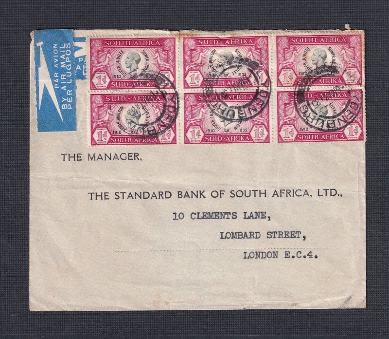 SOUTH AFRICA 1935 1D SILVER JUBILEE BLOCK OF 6 ON AIRMAIL COVER LYDENBURH TO UK